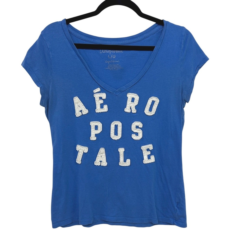 Aeropostale Blue Graphic Logo Tee L Y2K Revival Mallcore Preppy Varsity Top